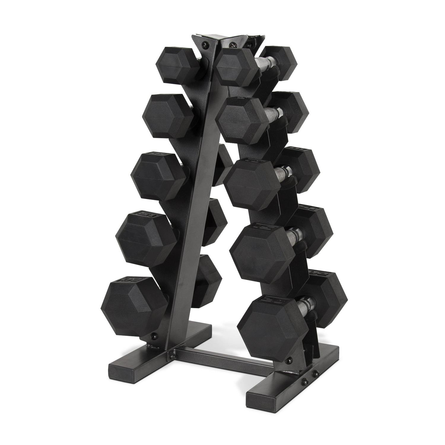 Fuel Pureformance by CAP 150 lb Coated Rubber Hex Dumbbell Weight Set with AFrame Rack Black  Crowdfused