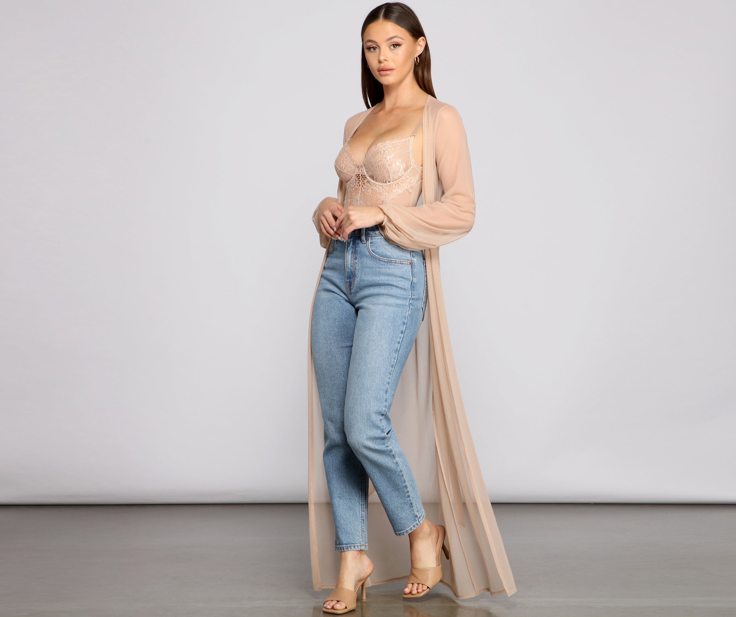 Mesh Tie Waist Long Duster