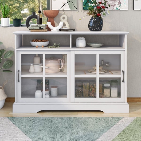 White Modern Kitchen Sideboard Buffet with 2 Glass Sliding Doors and Adjustable Shelves Storage Cabinet - N/A