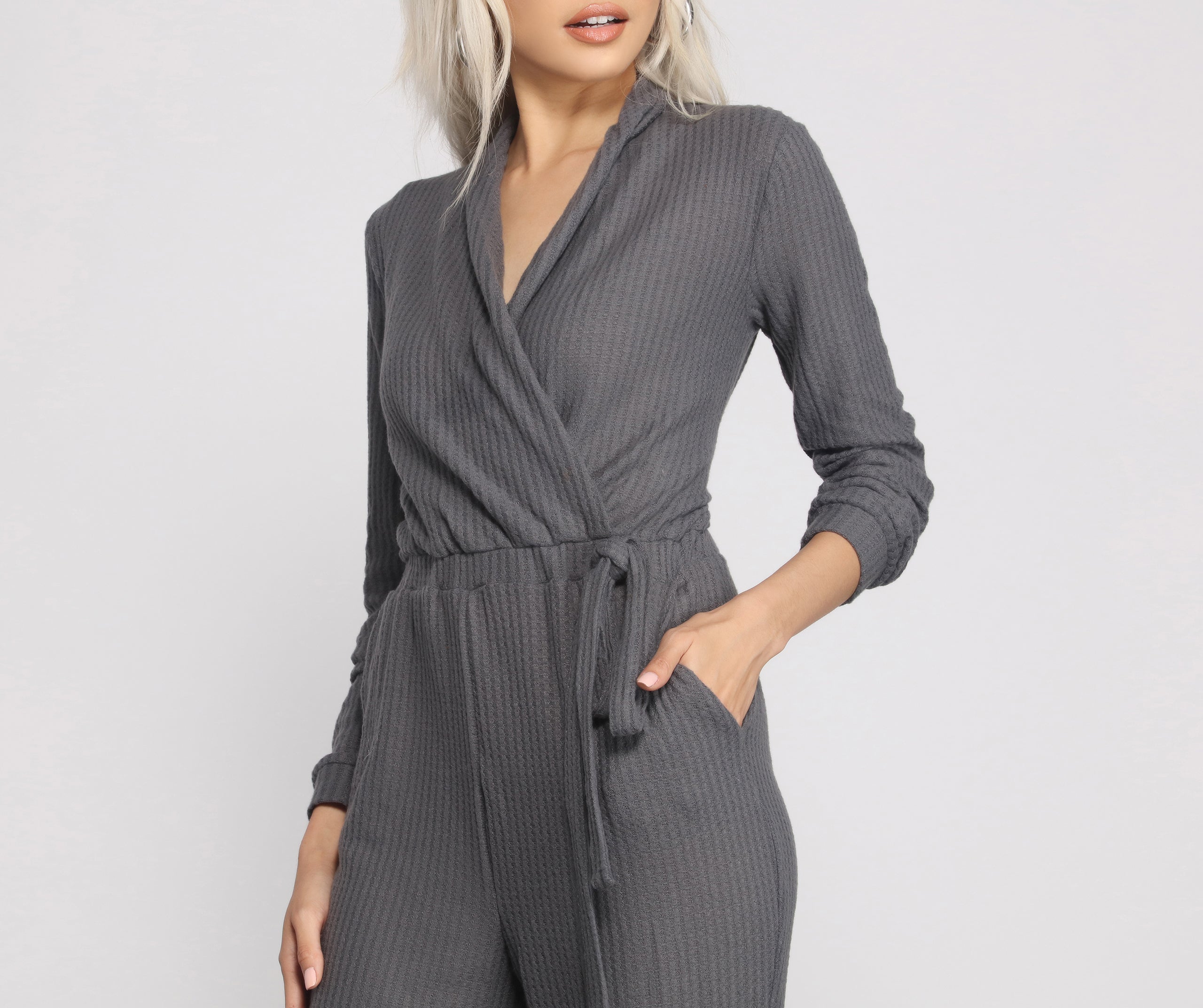 Cozy and Chic Ribbed Surplice Jogger Jumpsuit