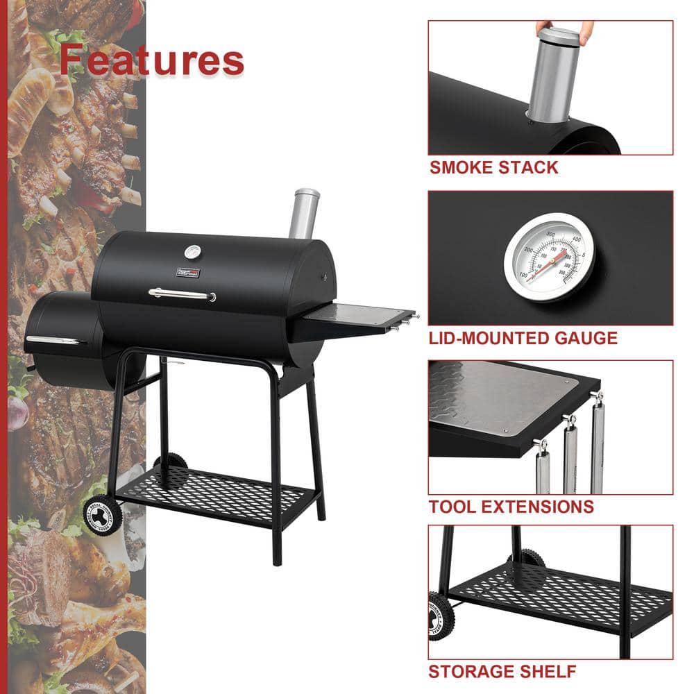 Royal Gourmet Barrel Charcoal Grill 30 in Black with Offset Smoker for Patio and Parties Outdoor Backyard