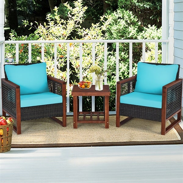 3PCS Patio Wood Wicker Conversation Furniture Sofa Set with Cushion - Overstock - 37500666