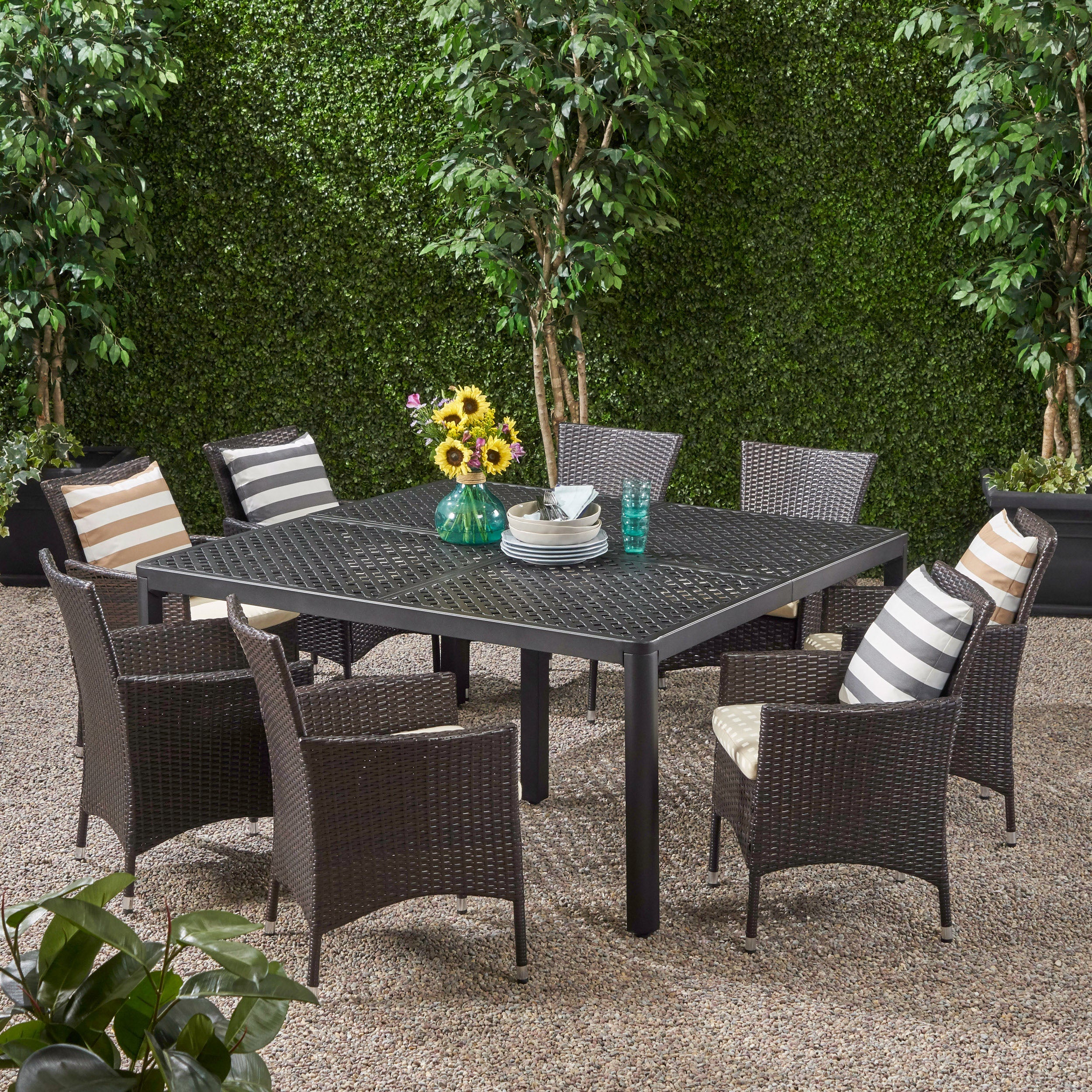 Nelly Outdoor Aluminum and Wicker 8 Seater Dining Set