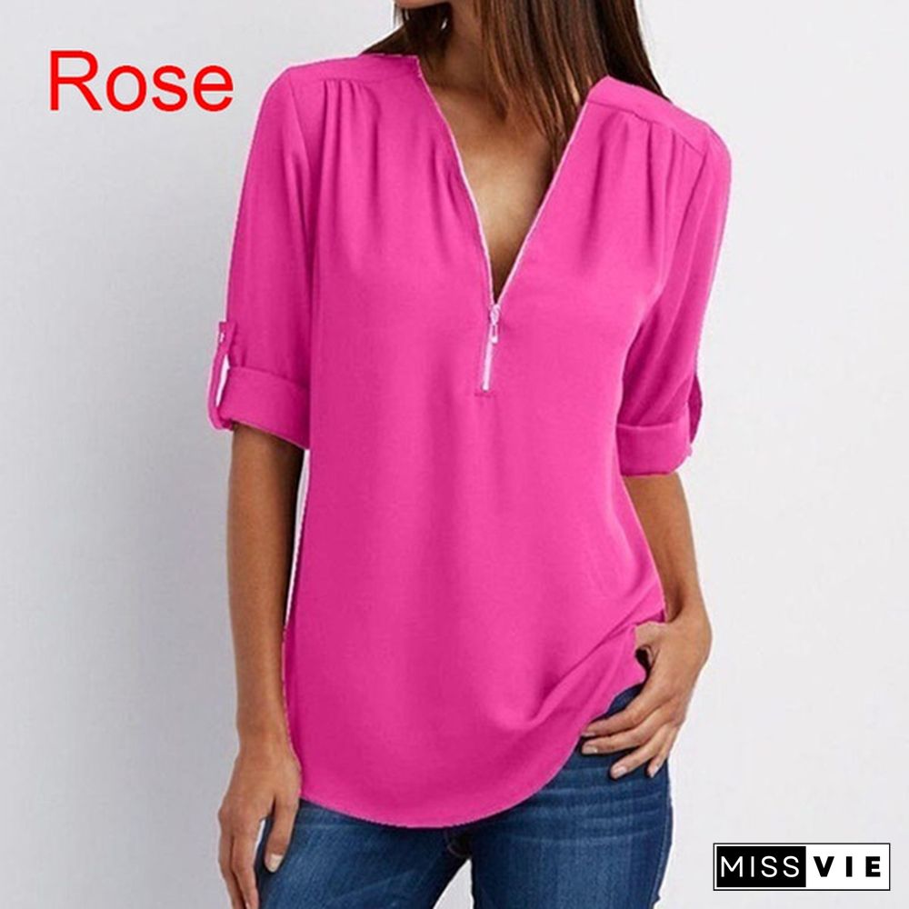 Plus Size Women's Fashion Chiffon Shirt V-neck Long Sleeve Loose Tops Zipper T-Shirt( S-4XL)