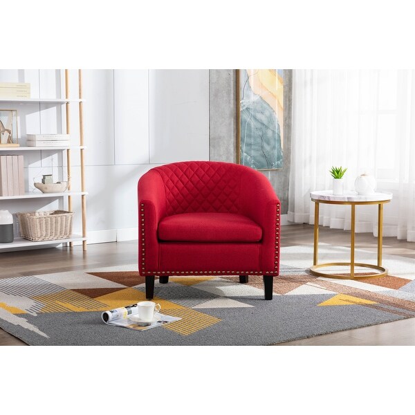 Modern Accent Barrel Chair with Nailheads， Wood Legs and Chrome Nailhead Trim， Living Room Chair with Curved Edges， Red