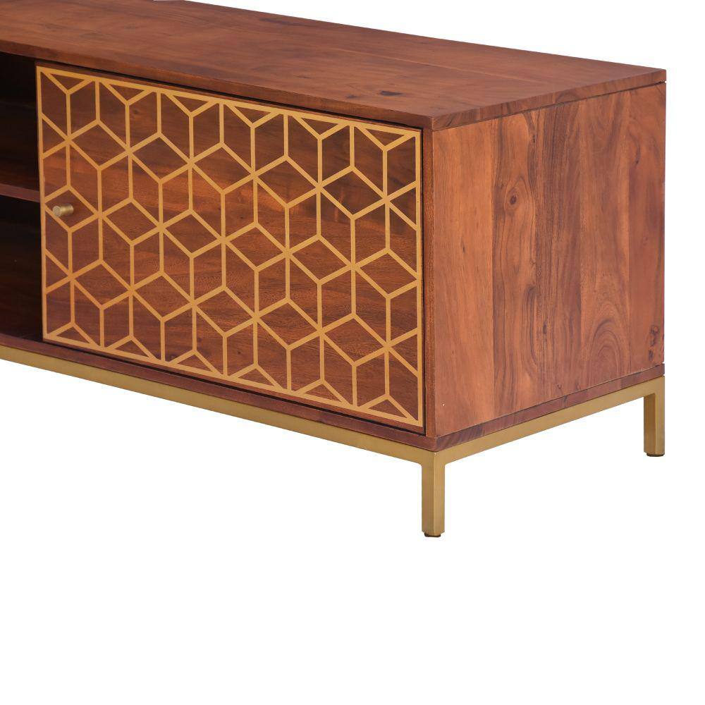 THE URBAN PORT Kalyn Brown and Brass Acacia Wood Handcrafted TV Media Console Entertainment Center Fits TVs up to 78 in. with 2 Doors UPT-276810