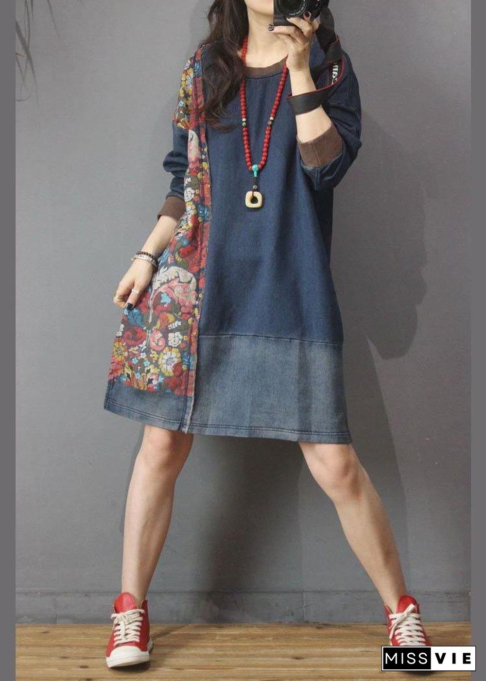 Women Denim Patchwork Cotton Dress Print Summer Long Dress