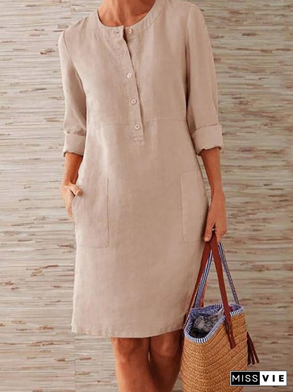 Solid Color Stand Collar Long Sleeve Buttoned Dress