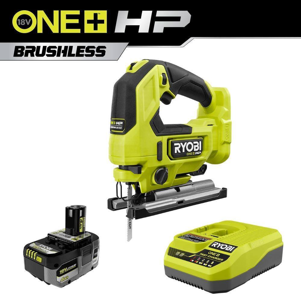 RYOBI ONE+ HP 18V Brushless Cordless Jig Saw w FREE 4.0 Ah HIGH PERFORMANCE Battery  Charger PBLJS01B-PSK014