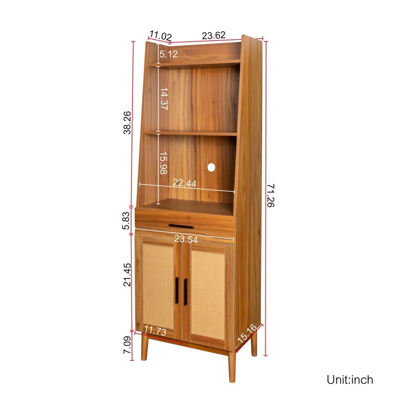 Narrow Rattan door Bookshelf Display Case  Walnut Finish