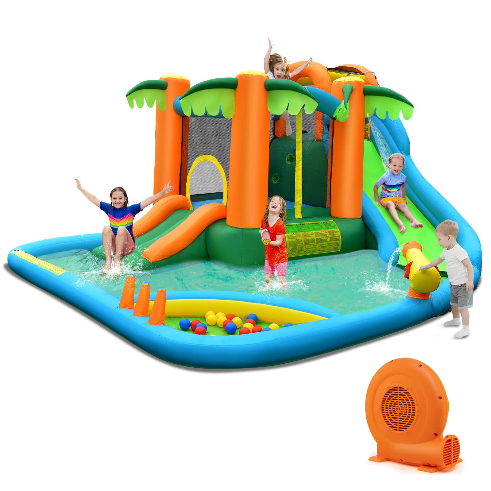 Multiple Play Areas 7 in 1 Jungle Water Park w/ Two Slides & Jumping Area