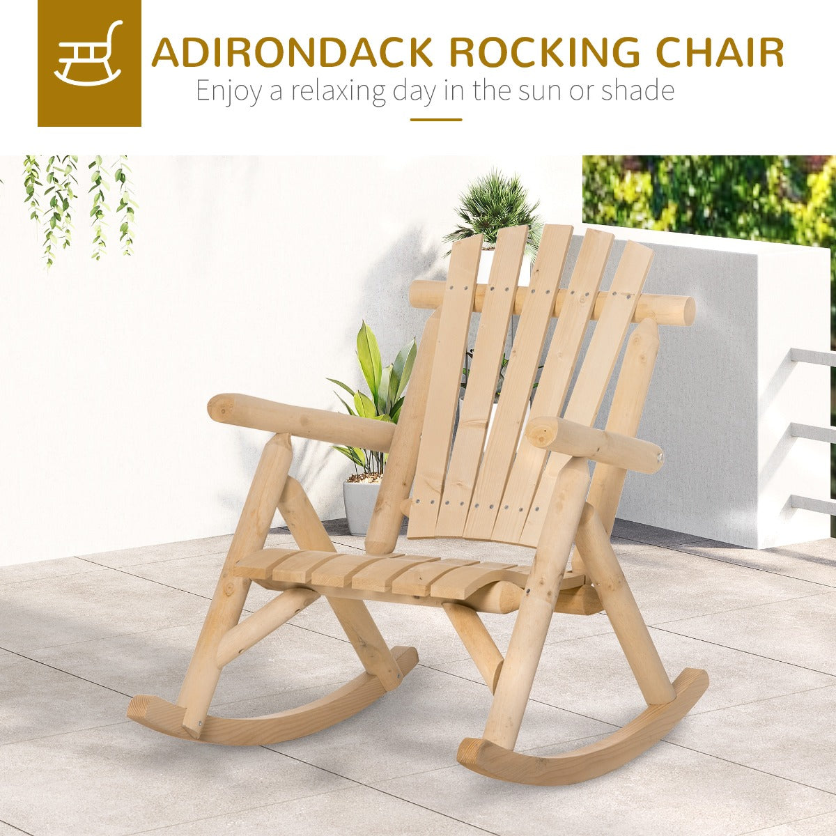 Tomshine Wooden Rustic Rocking Chair Indoor Outdoor Adirondack Rocker for Patio, Natural