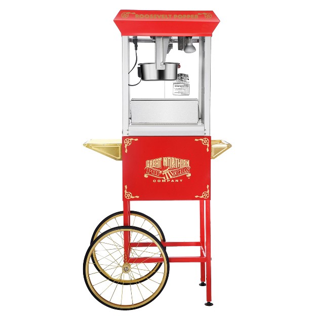 Great Northern Popcorn 8 Oz Roosevelt Popcorn Machine Stainless steel Kettle Heated Warming Deck Old Maids Drawer With Cart Red