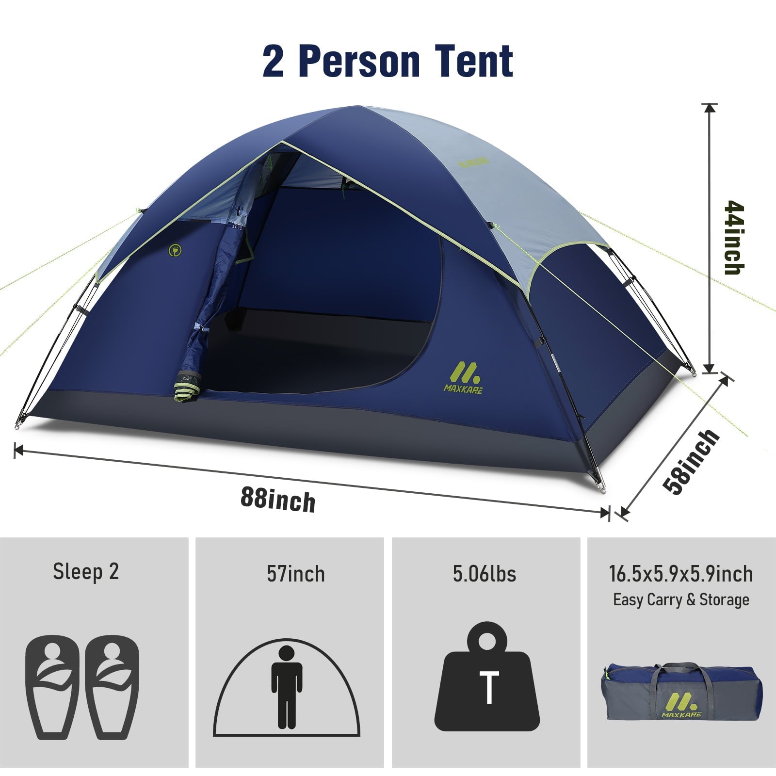 MaxKare 2 Person Camp Tent, Waterproof Easy Set up Dome Tent for Camping, Backpacking & Hiking, Fishing Outdoor - Blue