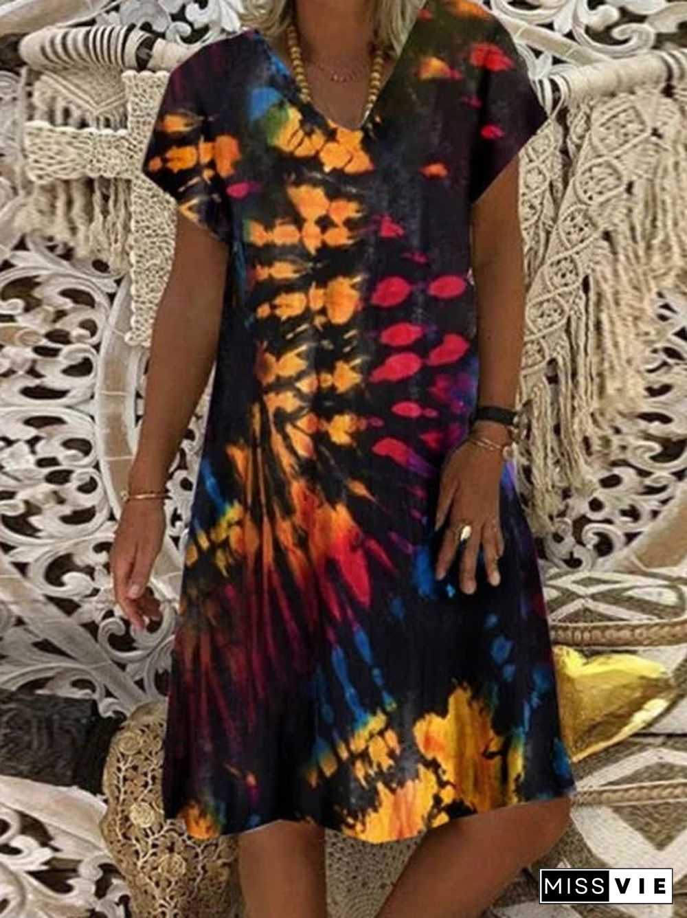 Loose Tie Dyed Printed Women's V-neck Short Sleeved Dress