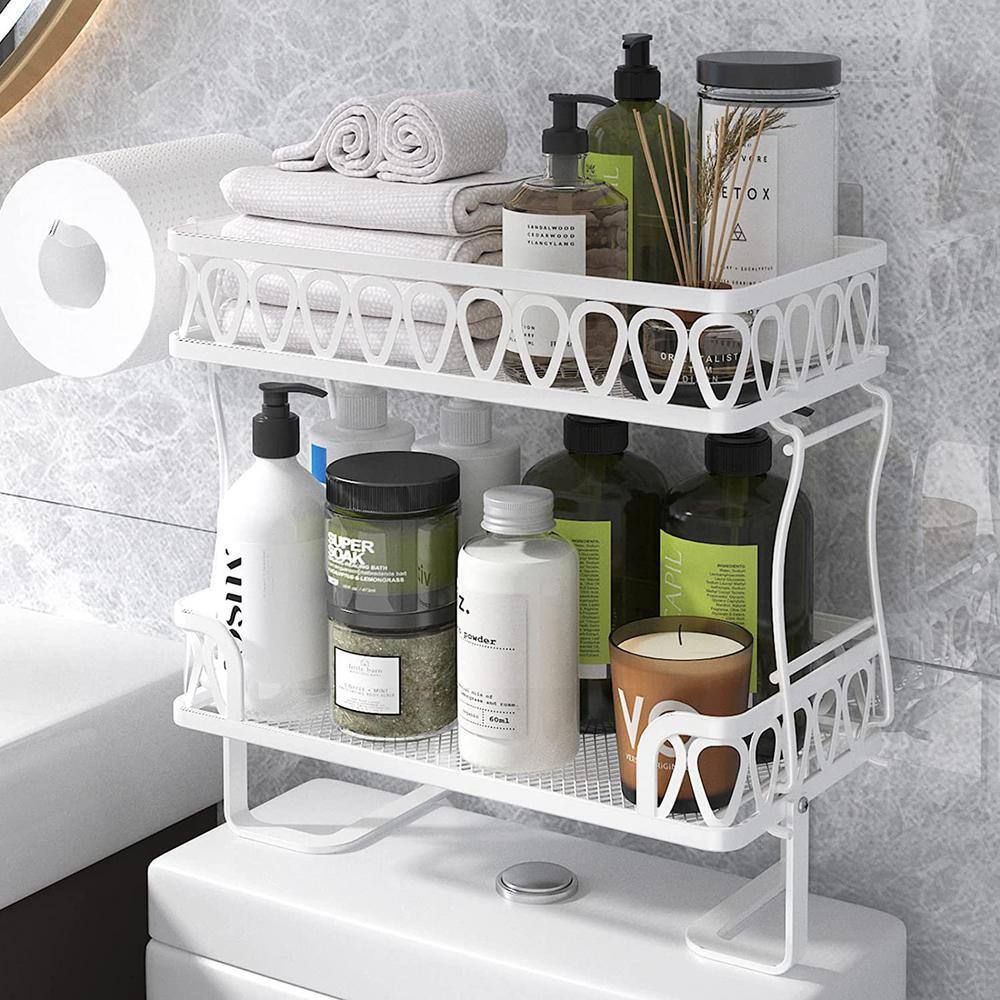 Amucolo Stacking Shower Caddy Shelf Toilet Rack 2-Layer Bathroom Organizer Metal Storage Shelf in White YeaD-CYD0-NWGX