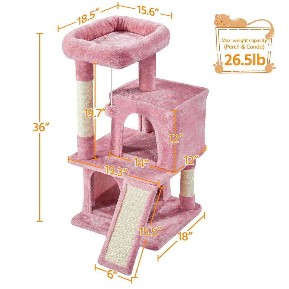 Easyfashion Multilevel Plush Cat Tree with Double Condos and Furry Ball for Cats， Kittens， Pink