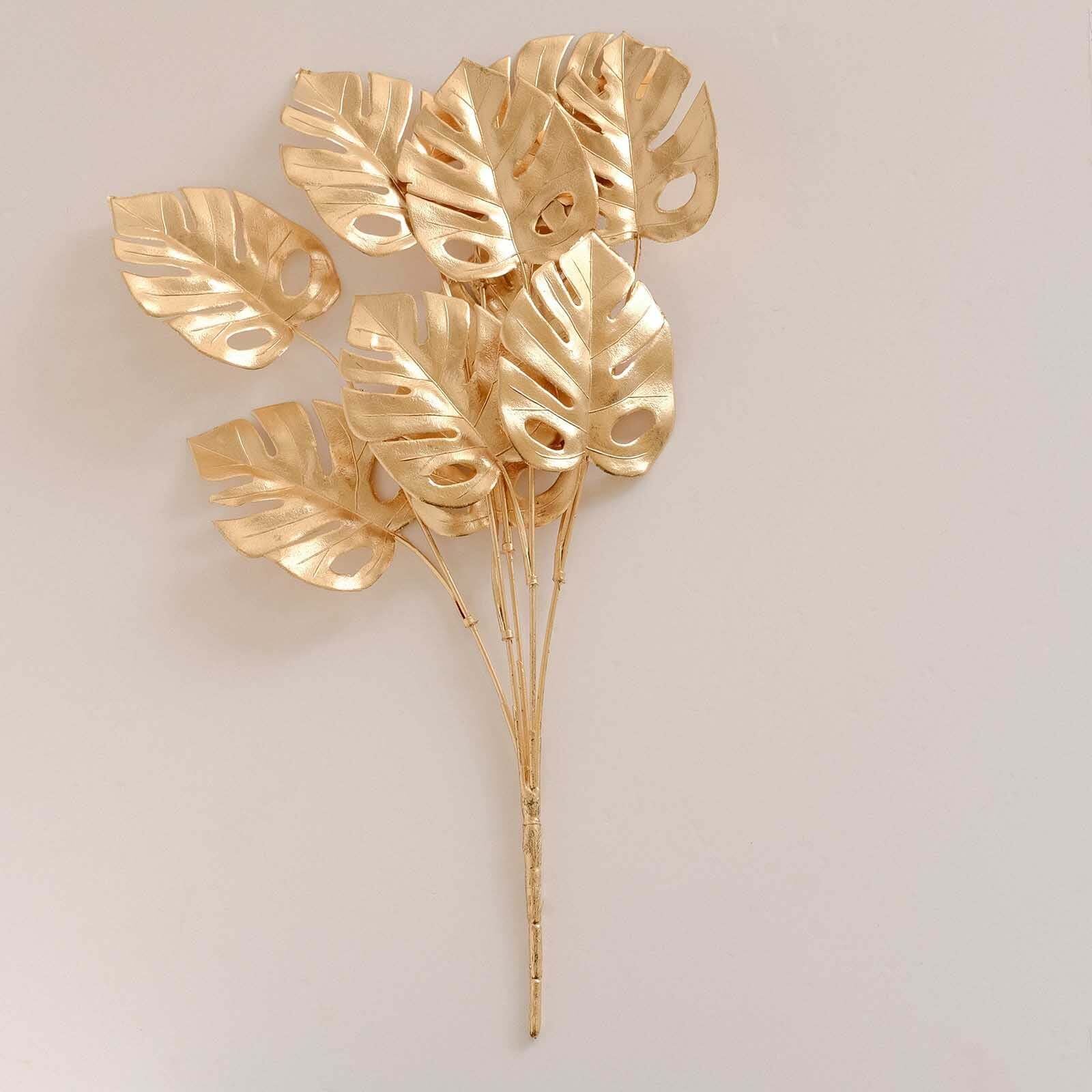 4 Pack Metallic Gold Artificial Monstera Leaves Bushes, Tropical Palm Leaf Bunches Vase Fillers - 14