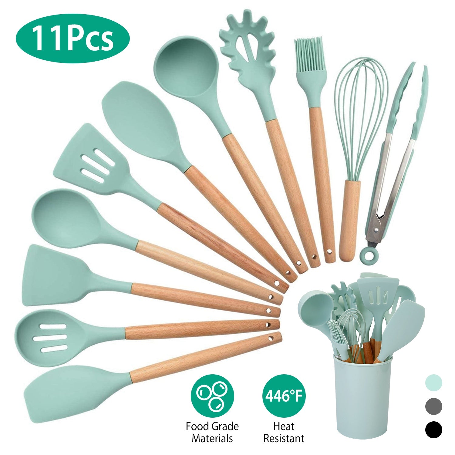 NewHome 11Pcs Silicone Cooking Utensil Set Heat Resist Wooden Handle Silicone Spatula Turner Ladle Spaghetti Server Tongs Spoon Egg Whish Kitchenware Set With Holder LightGreen