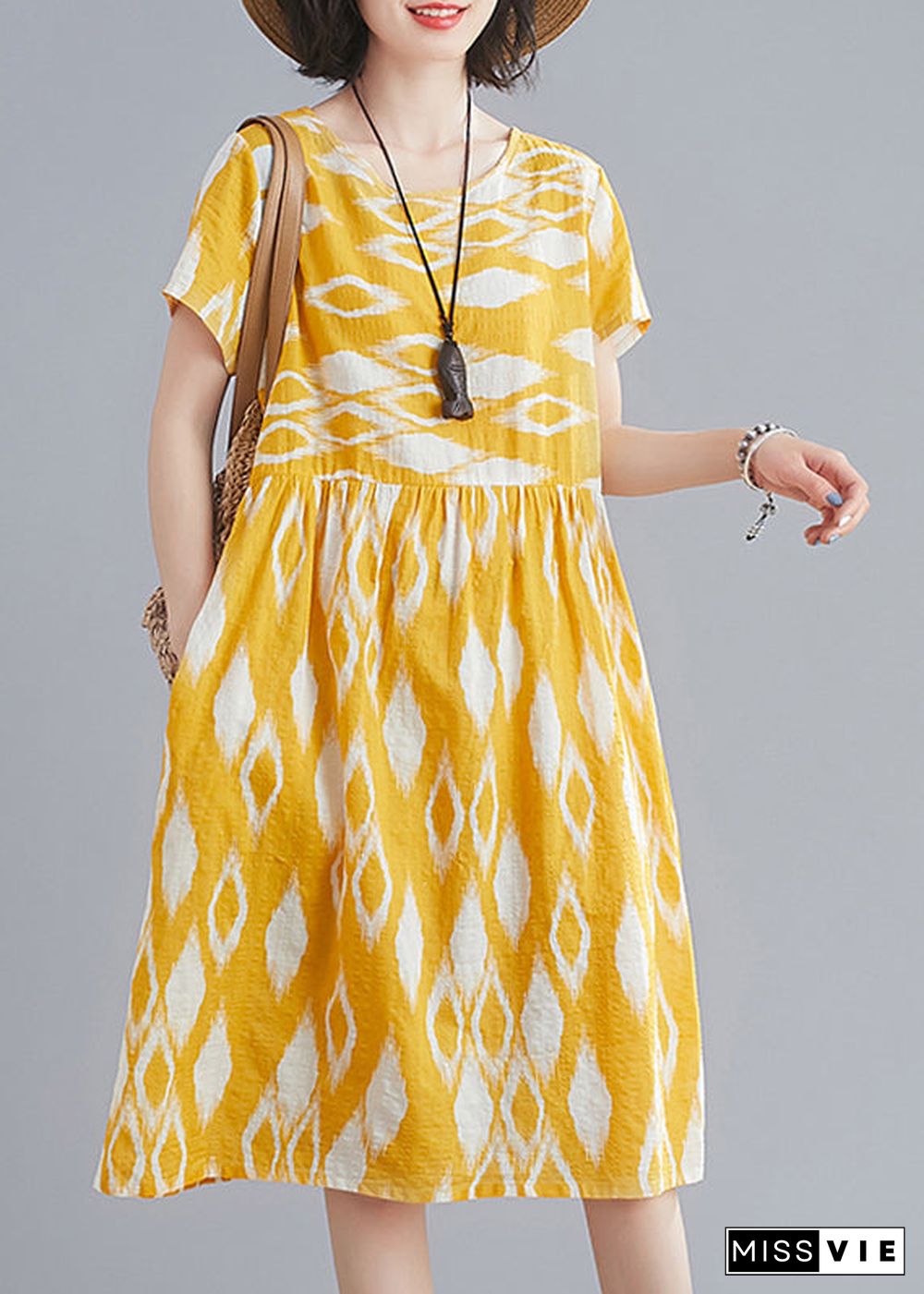 Bohemian Yellow O-Neck Wrinkled Print Cotton Beach Dresses Short Sleeve