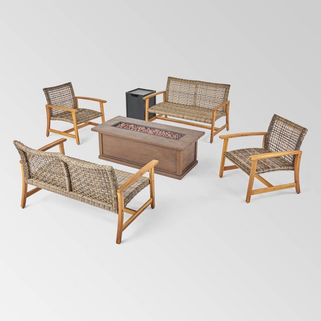 Breakwater 6pc Wood amp Wicker Chat Set With Fire Pit Natural gray brown Christopher Knight Home