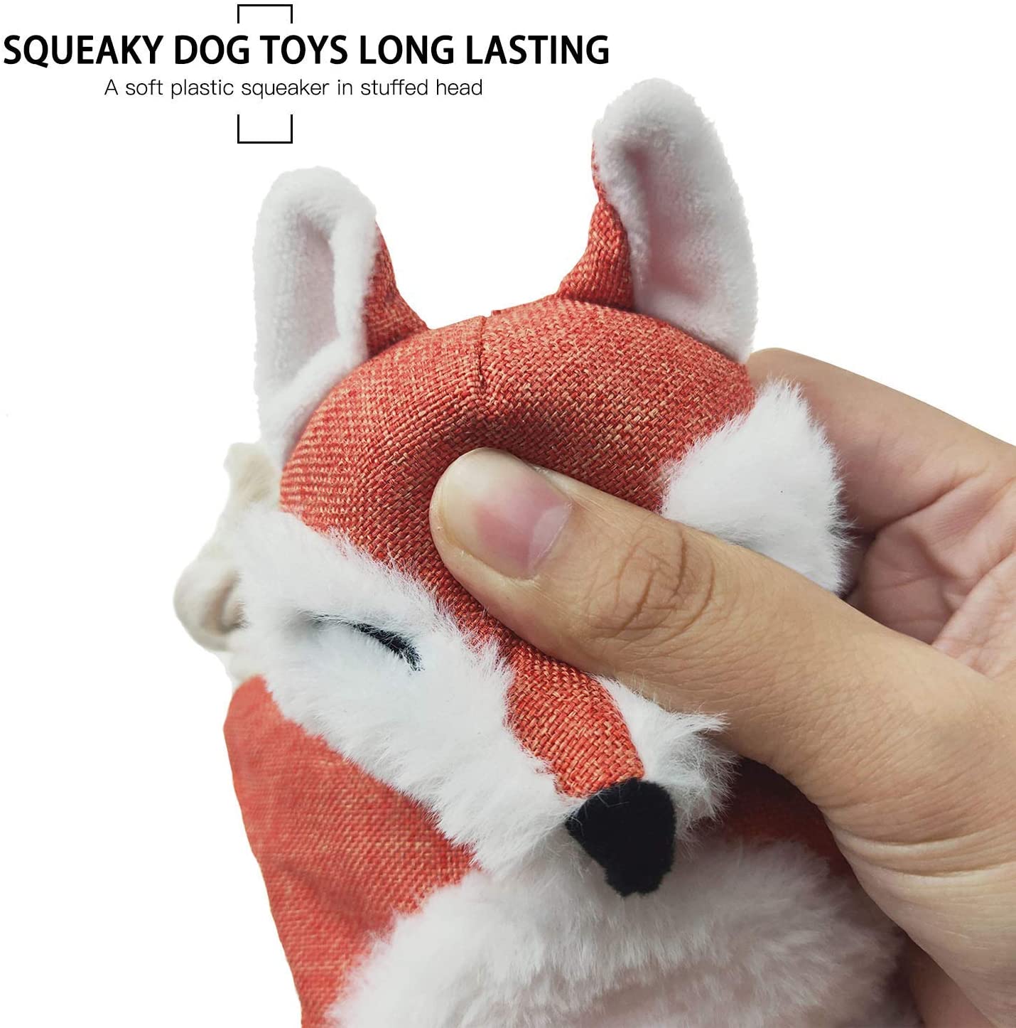 Fox Dog Toy with Squeaker， Stuffless Dog Toy Crinkle Hunting Dog Toy Plush Durable Dog Squeaky Toys Cotton Rope Dog Toy Throughout the Body Cute Dog Chew Toys for Puppies with Eyes Embroidery Design