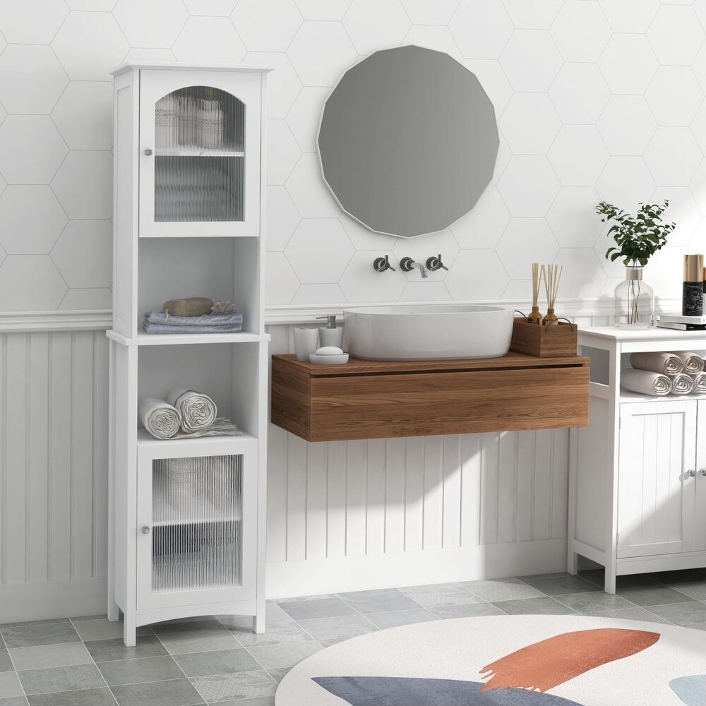 White Narrow Tall Cabinet 6 Tier 2 Door Floor Standing Living Bathroom