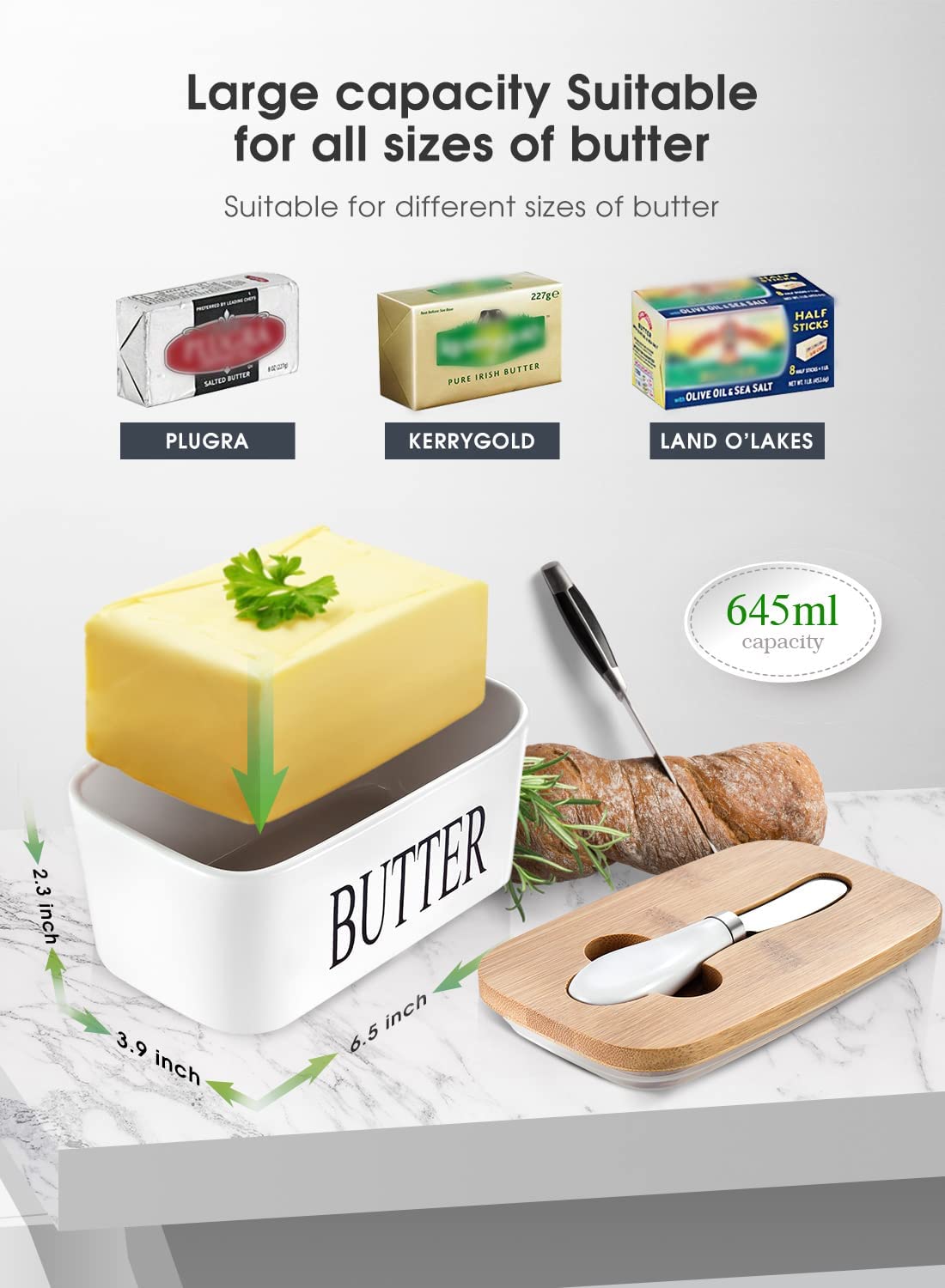 Large Butter Dish with Lid Ceramics Butter Keeper Container with Knife and Stainless Steel