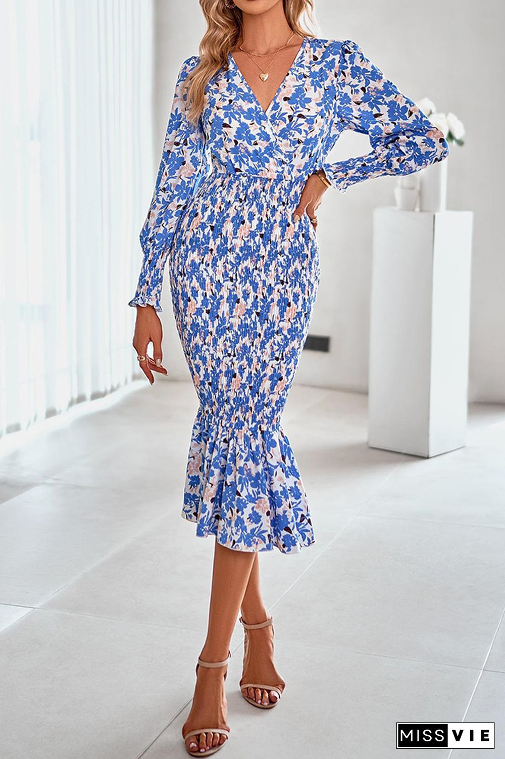 Wrap V Neck Pleated Fishtail Puffy Sleeves Midi Floral Dress