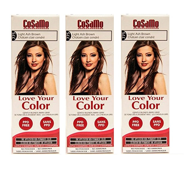 CoSaMo - Love Your Color Non-Permanent Hair Color 775 Light Ash Brown - 3 oz. (Pack of 3) + Makeup Blender Stick, 12 Pcs