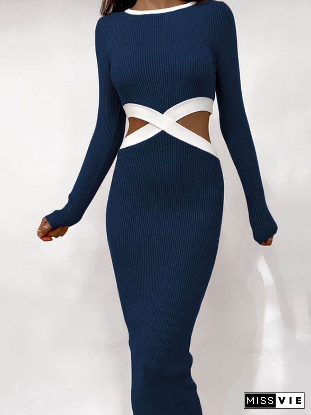 High Waisted Long Sleeves Hollow Round-Neck Midi Dresses