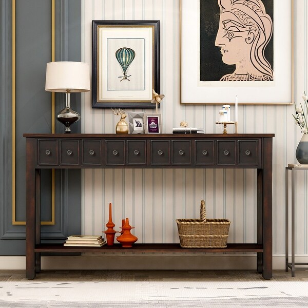 Rustic Entryway Console Table，Long Sideboard with DrawersandBottom Shelf