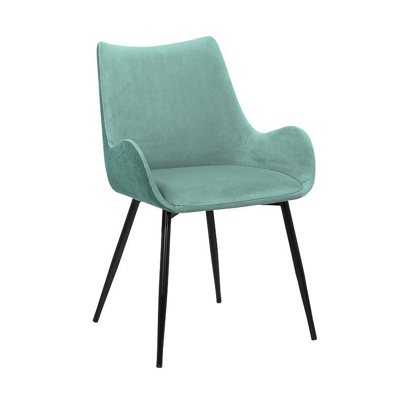 22 Inch Fabric Upholstered Dining Side Chair， Sloped Arms， Metal Legs， Teal Blue