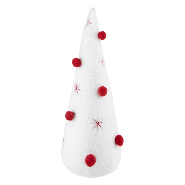 White Plush Christmas Cone Tree With Red Pompom Ornaments