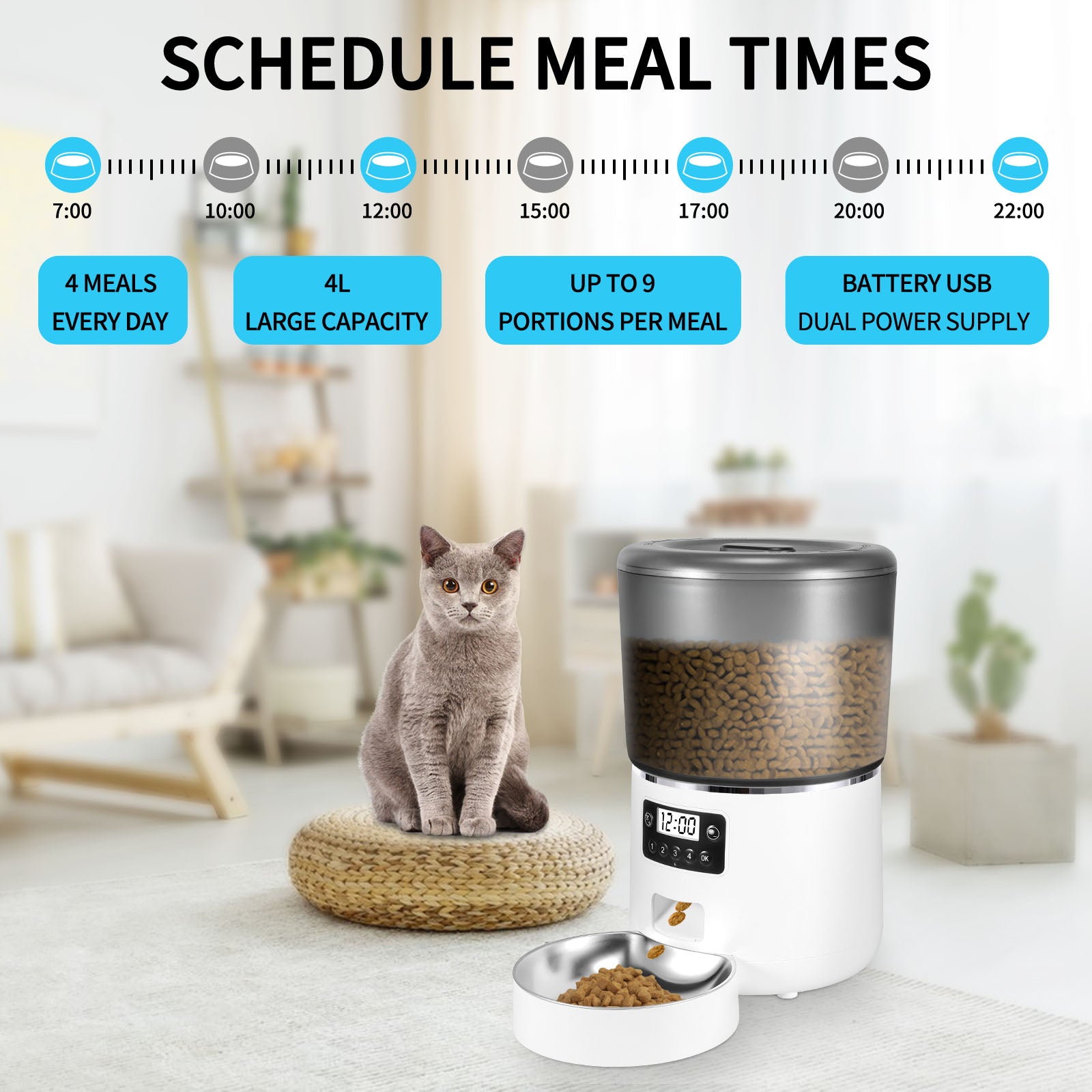 2BK Automatic Cat Feeder Pet Feeders 4L Stainless Steel Food Dispenser Programmable Time Control 4 Meals Battery and USB Power