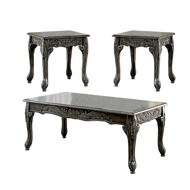 3 Piece Table Set with Cabriole Legs and Wooden Floral Motifs， Gray