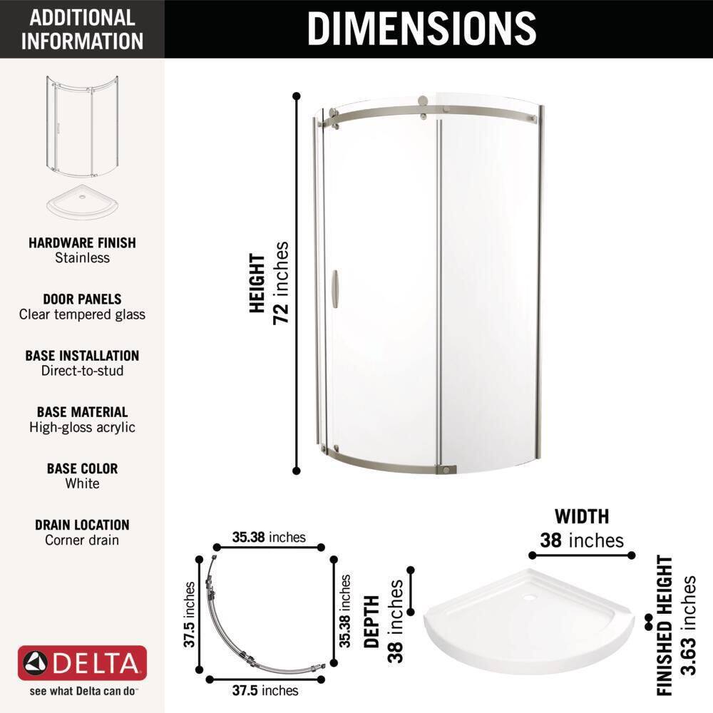 Delta Classic 38 in. W x 72 in. H Round Sliding Frameless Corner Shower Enclosure in Stainless Steel B911917-3838-SS