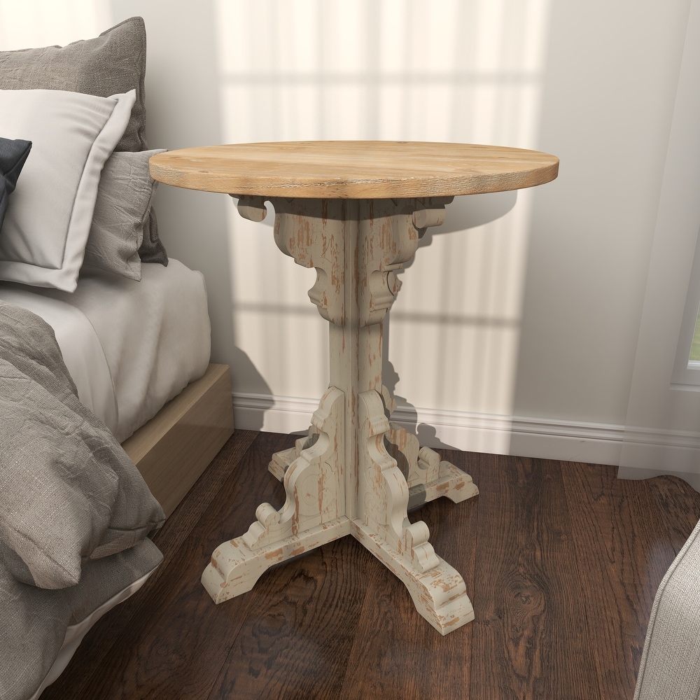 Wood Intricately Carved Scroll Accent Table with Brown Wood Top