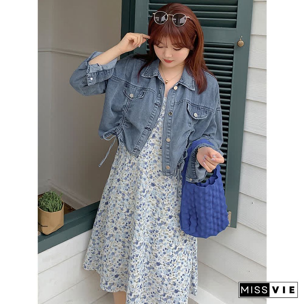 Plus Size Drawstring Denim Jacket Floral Print Slip Dress