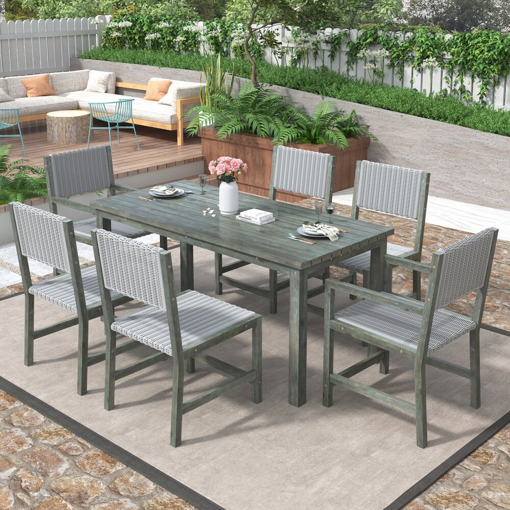 6 Person Acacia Wood and Rattan Outdoor Dining Table and Chairs Set