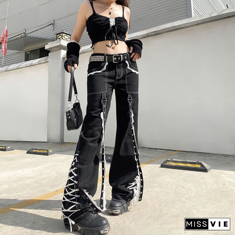 Gothic Bandage Lace Up Straight Baggy Denim  Pants