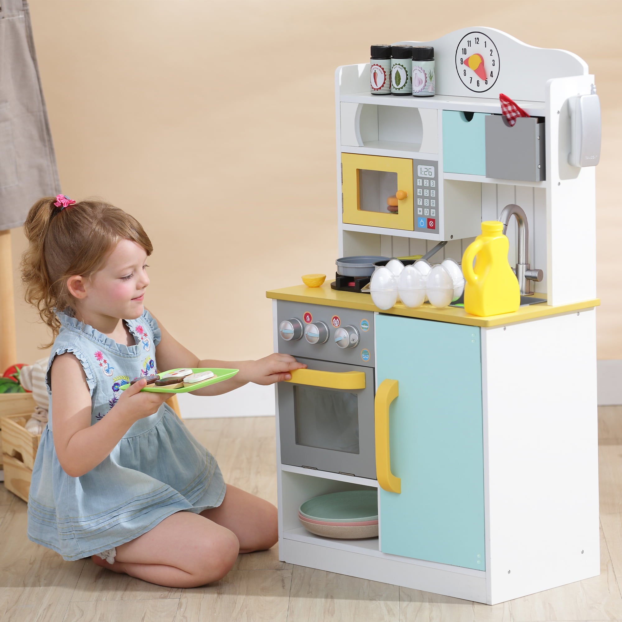 Teamson Kids Little Chef Florence Classic Kids Kitchen Playset with 5 Accessories, White/Blue