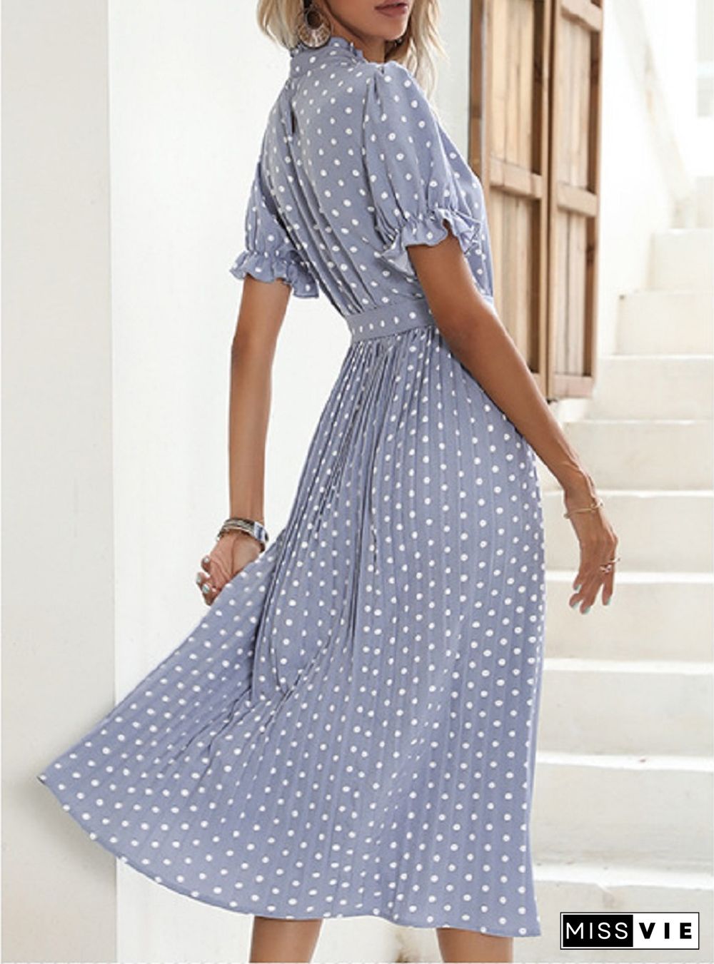 Casual Women Summer Dress Pleated Short Sleeve Dresses New Chic Elegant Fashion Lace-up Polka Dot Flared Sleeve Midi Dress