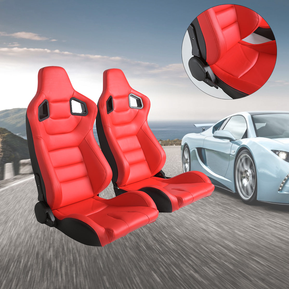 Racing Seats，1 Pair Bucket Seats with Dual Lock Sliders，PVC Leather Racing Seats，Reclining Design and Front-Back Adjustable Seats，Red