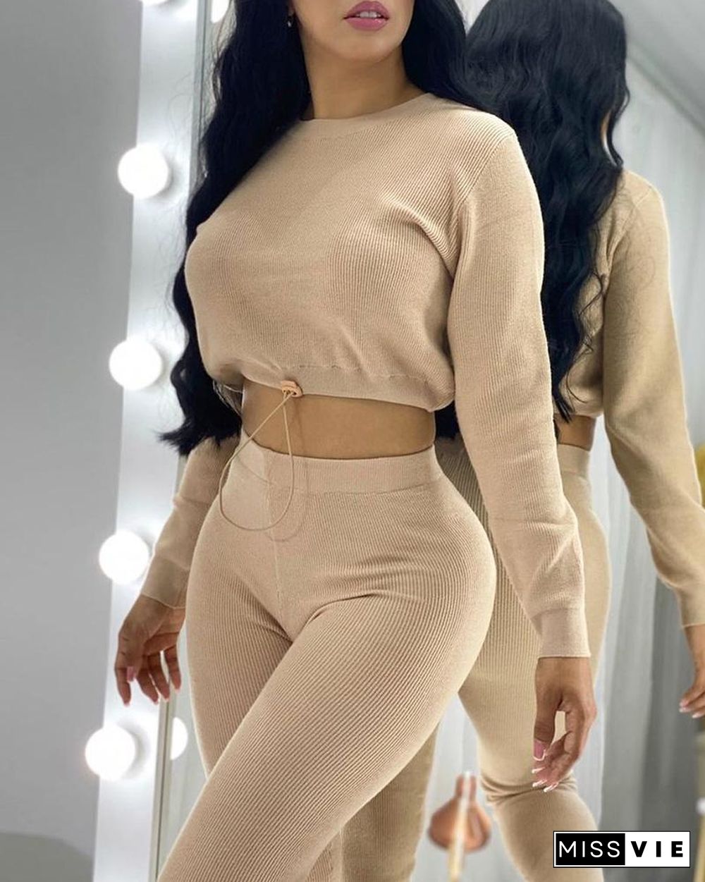 Plain Drawstring Long Sleeve Crop Top & High Waist Pants Set