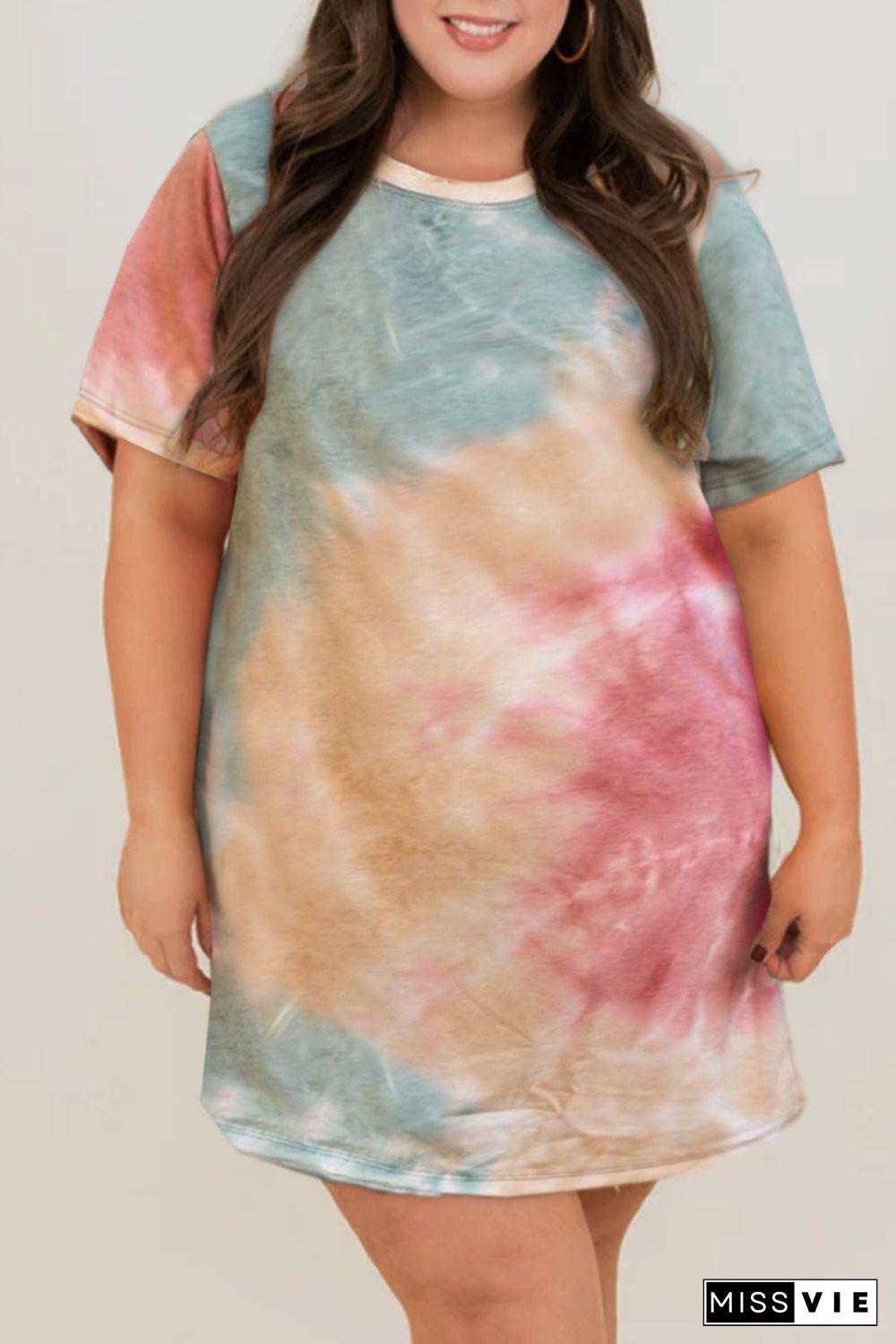 Multicolor Plus Size Tie Dye Slit T-shirt Dress