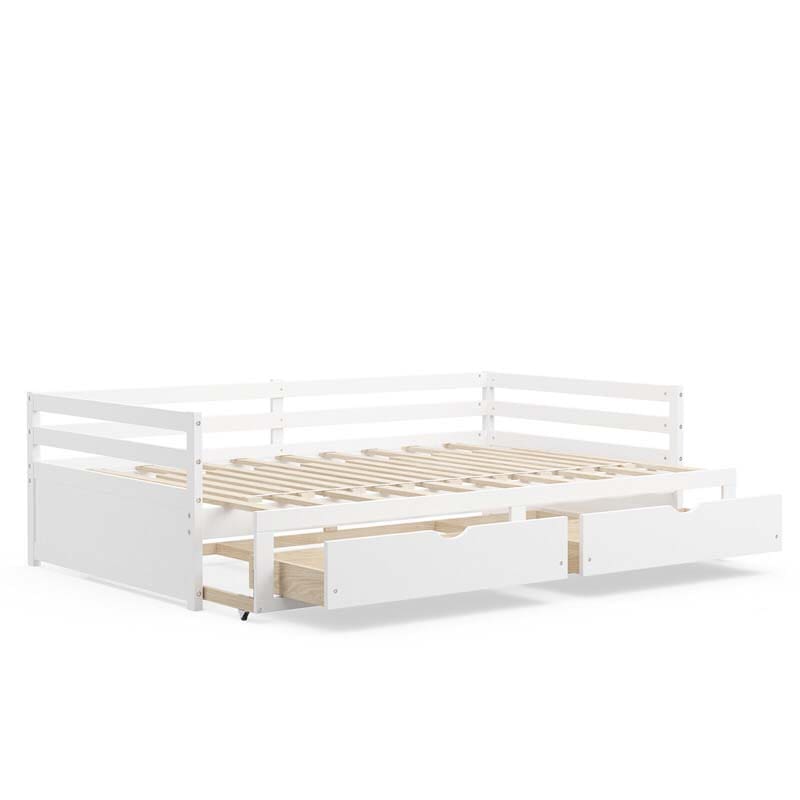 Extendable Twin to King Daybed with Trundle & 2 Storage Drawers, Dual-use Modern Sofa Bed with Roll Out Bed Frame