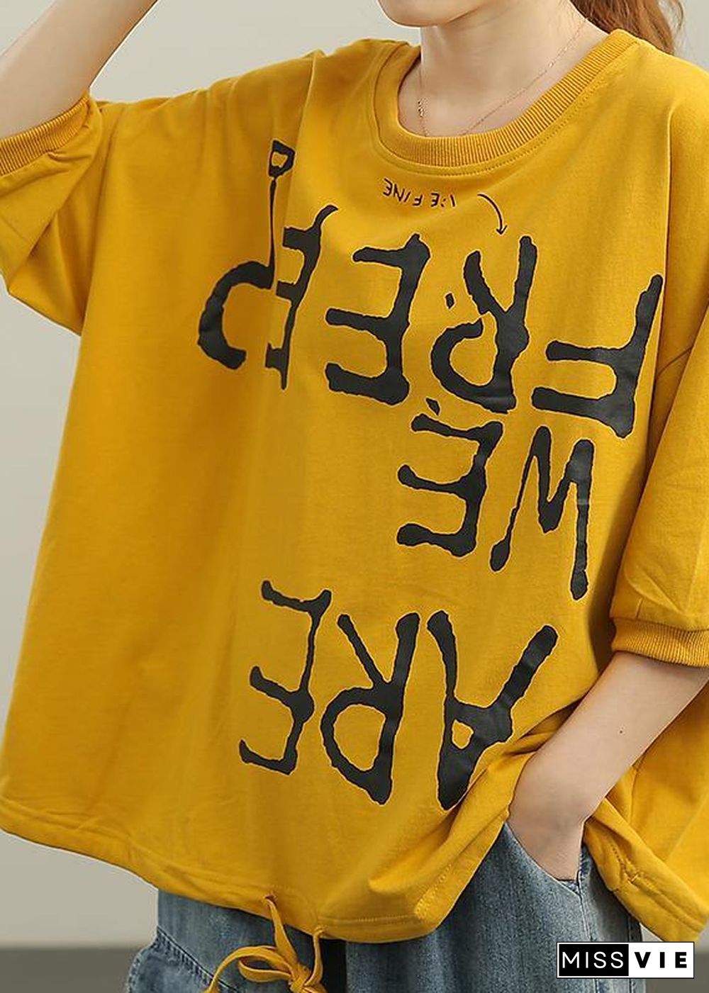 Casual Yellow Graphic Loose Cotton T Shirts Summer