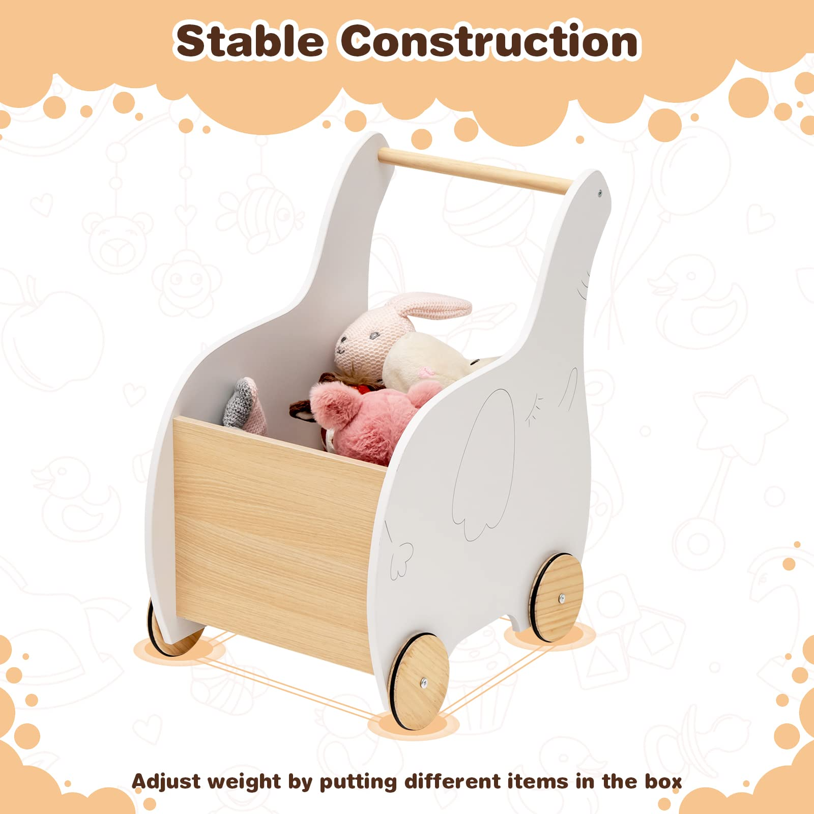 BABY JOY Baby Wooden Push Walker, 2-in-1 Toddler Learning Walker w/ Toy Storage Chest