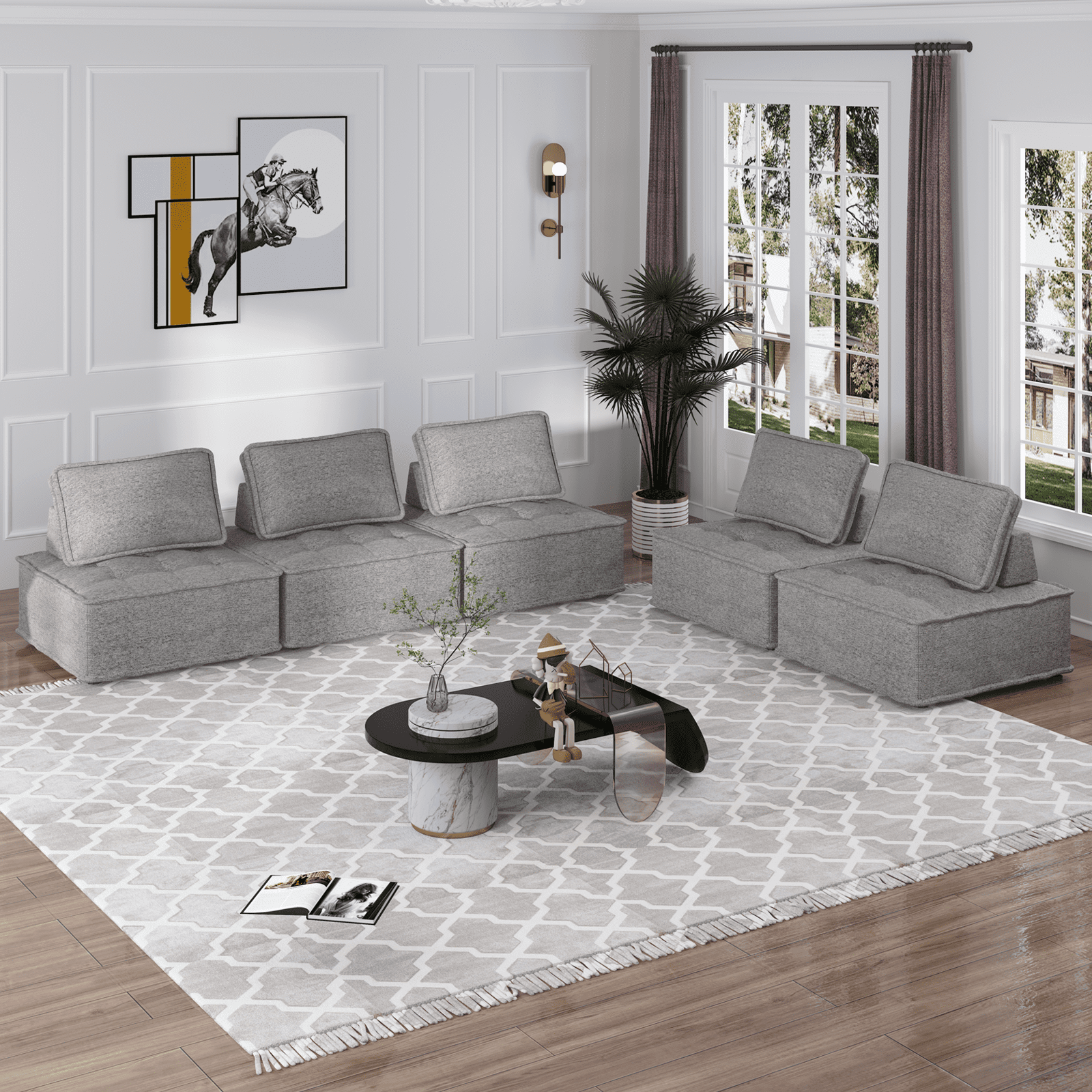 MUZZ Free Combination Sectional Sofa, 5 Seater Sofa Couch with Modern Fabric and Soft Cotton, Modular Armless Sectional Sofa Couch for Living Room, Bedroom (Light Grey, 5PCS)